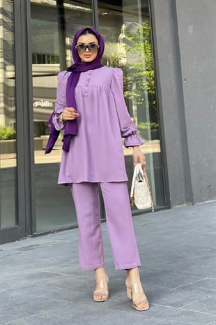 Kolu Lastikli Düğmeli Pantolonlu Takım Lila