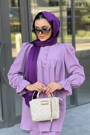 Kolu Lastikli Düğmeli Pantolonlu Takım Lila