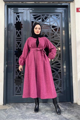 Kolu Lastikli Kuşaklı Kaban Pembe