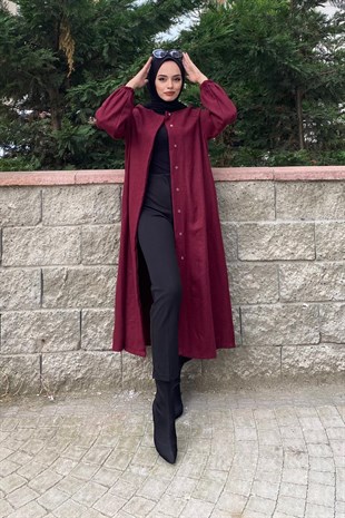 Kolu Lastikli Kuşaklı Kaşe Kaban Bordo