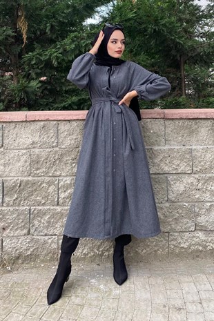 Kolu Lastikli Kuşaklı Kaşe Kaban Gri