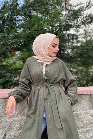 Kolu Lastikli Kuşaklı Kaşe Kaban Haki