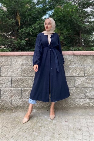 Kolu Lastikli Kuşaklı Kaşe Kaban Lacivert