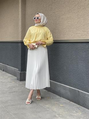 Kolu Lastikli Poplin Tesettür Tunik  Sarı