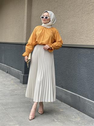Kolu Lastikli Poplin Tesettür Tunik Taba