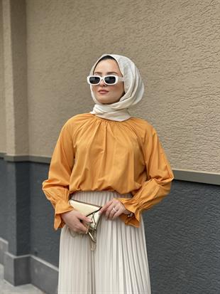 Kolu Lastikli Poplin Tesettür Tunik Taba
