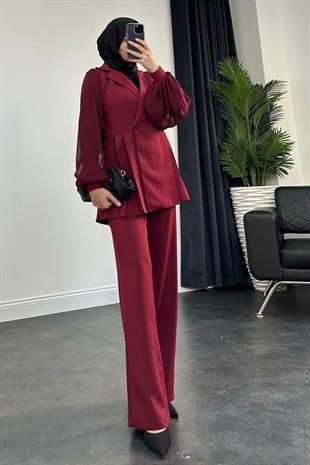 Kolu Şifon Ceket Takım  Bordo