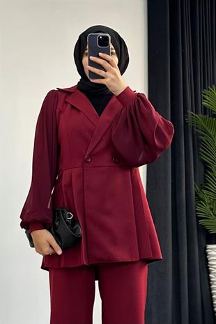 Kolu Şifon Ceket Takım  Bordo
