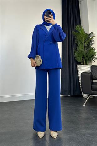 Kolu Şifon Ceket Takım  Saks