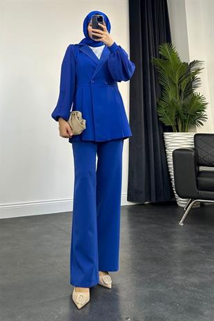 Kolu Şifon Ceket Takım  Saks