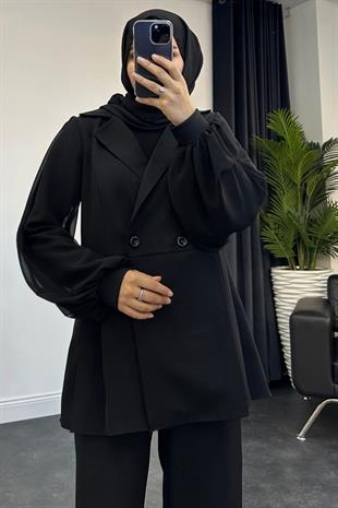 Kolu Şifon Ceket Takım  Siyah