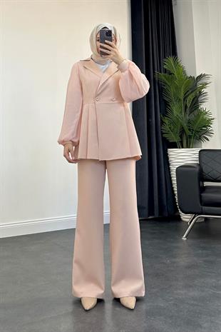 Kolu Şifon Ceket Takım  Yavruağzı