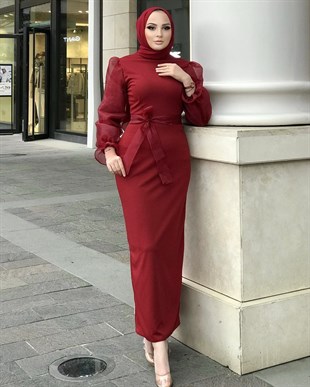 Kolu Tül Detaylı Kalem Elbise Kırmızı