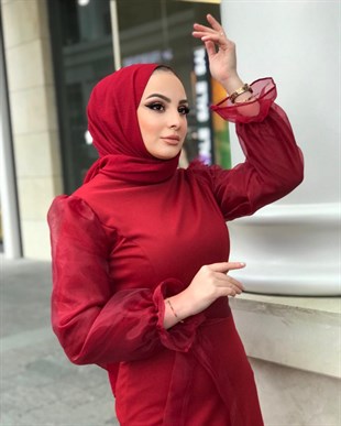 Kolu Tül Detaylı Kalem Elbise Kırmızı