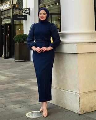 Kolu Tül Detaylı Kalem Elbise İndigo