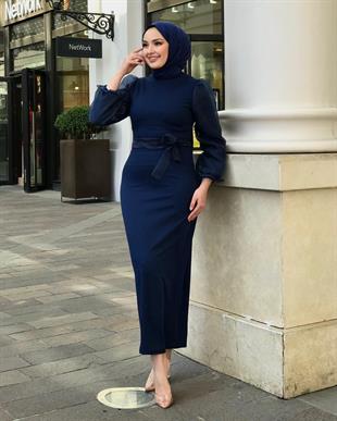 Kolu Tül Detaylı Kalem Elbise İndigo