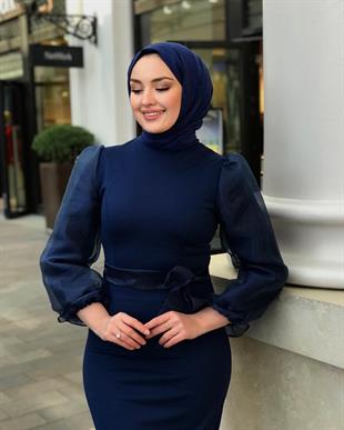 Kolu Tül Detaylı Kalem Elbise İndigo