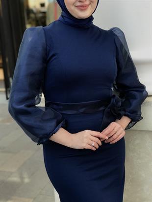 Kolu Tül Detaylı Kalem Elbise İndigo