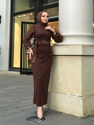 Kolu Tül Detaylı Kalem Elbise Kahverengi