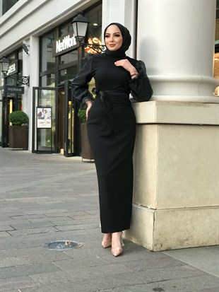 Kolu Tül Detaylı Kalem Elbise Siyah