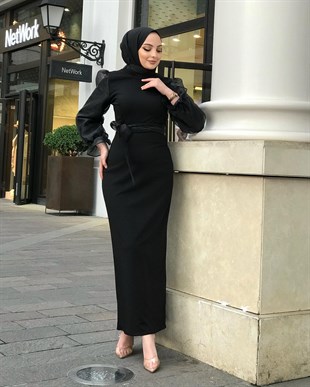 Kolu Tül Detaylı Kalem Elbise Siyah