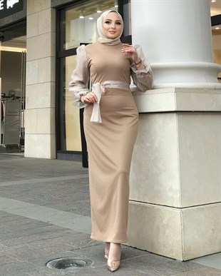 Kolu Tül Detaylı Kalem Elbise Vizon