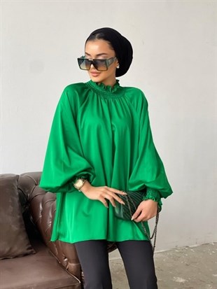Kolu ve Boynu Büzgülü Tunik Yeşil