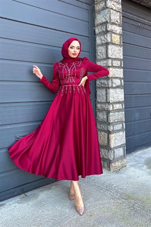 Kristal İşlemeli Saten Abiye Bordo