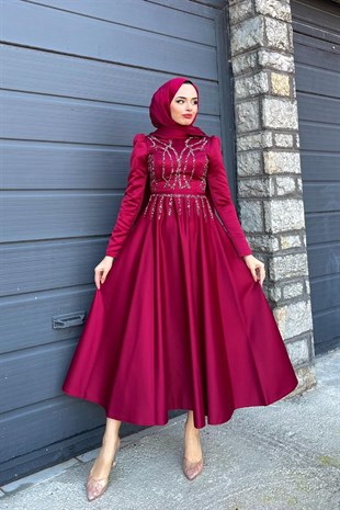 Kristal İşlemeli Saten Abiye Bordo