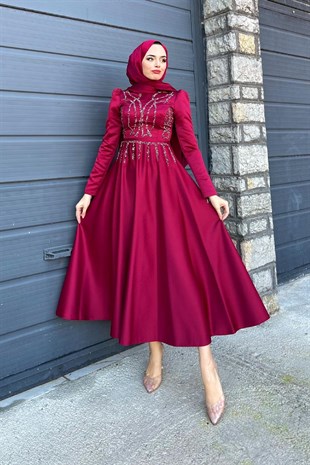 Kristal İşlemeli Saten Abiye Bordo