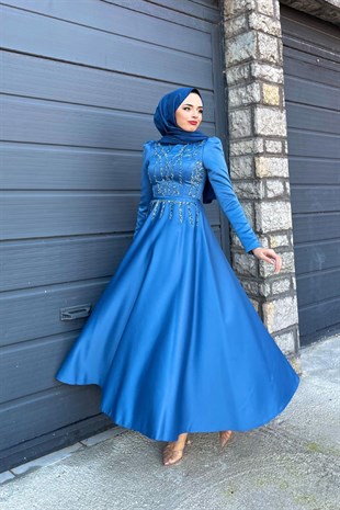 Kristal İşlemeli Saten Abiye İndigo