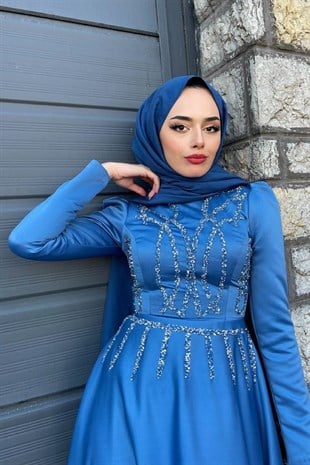 Kristal İşlemeli Saten Abiye İndigo