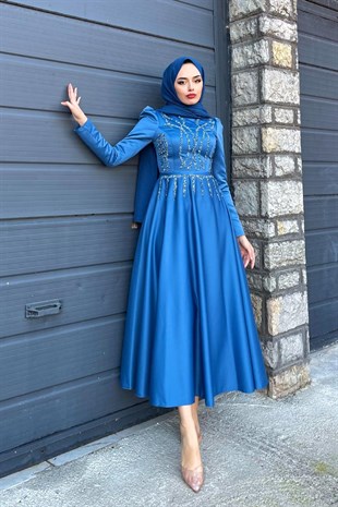 Kristal İşlemeli Saten Abiye İndigo