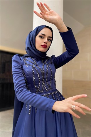 Kristal İşlemeli Saten Abiye Lacivert