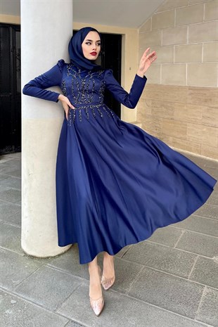 Kristal İşlemeli Saten Abiye Lacivert