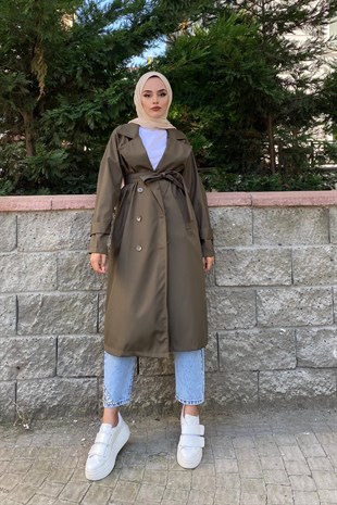 Kruvaze Yaka Düğmeli Trençkot Haki