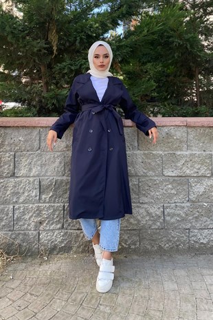 Kruvaze Yaka Düğmeli Trençkot Lacivert