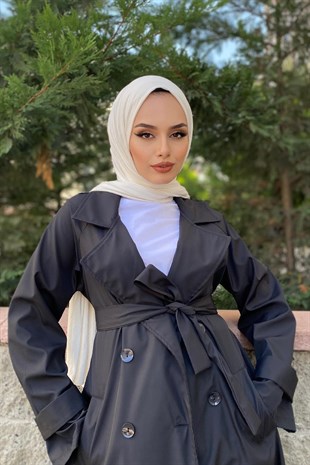 Kruvaze Yaka Düğmeli Trençkot Siyah