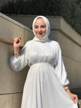 Kuşak Detaylı Shine Abiye Beyaz