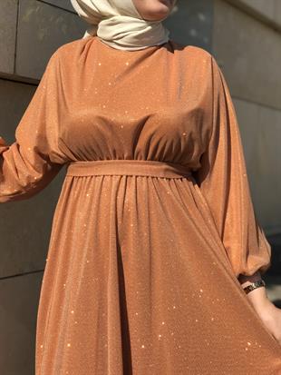 Kuşak Detaylı Shine Abiye Elbise Bakır