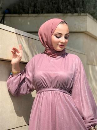 Kuşak Detaylı Shine Abiye Elbise Gül