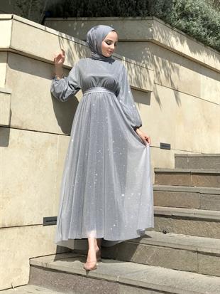 Kuşak Detaylı Shine Abiye Gri
