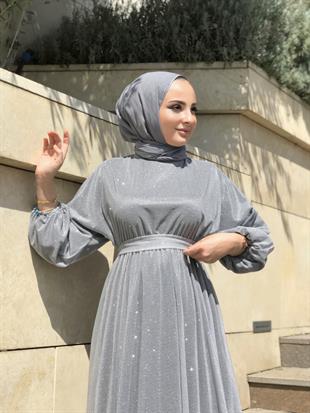 Kuşak Detaylı Shine Abiye Gri