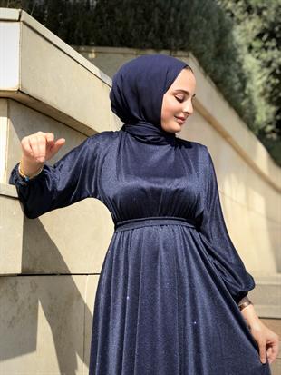 Kuşak Detaylı Shine Abiye Lacivert