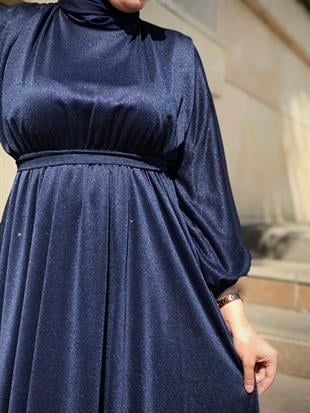 Kuşak Detaylı Shine Abiye Lacivert