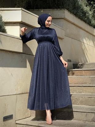 Kuşak Detaylı Shine Abiye Lacivert