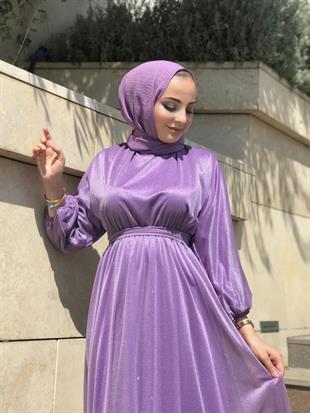 Kuşak Detaylı Shine Abiye Lila