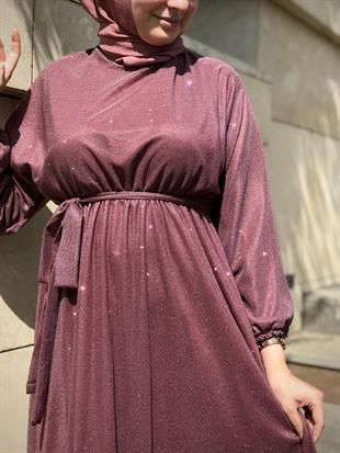 Kuşak Detaylı Shine Abiye Mürdüm