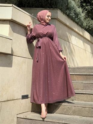 Kuşak Detaylı Shine Abiye Mürdüm