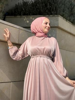 Kuşak Detaylı Shine Abiye Pudra